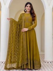 Olive Green Embroidered Anarkali Suit Set with Net Dupatta