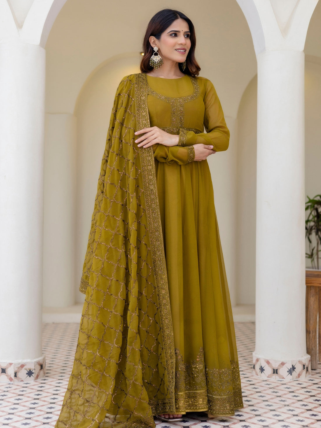 Olive Green Embroidered Anarkali Suit Set with Net Dupatta