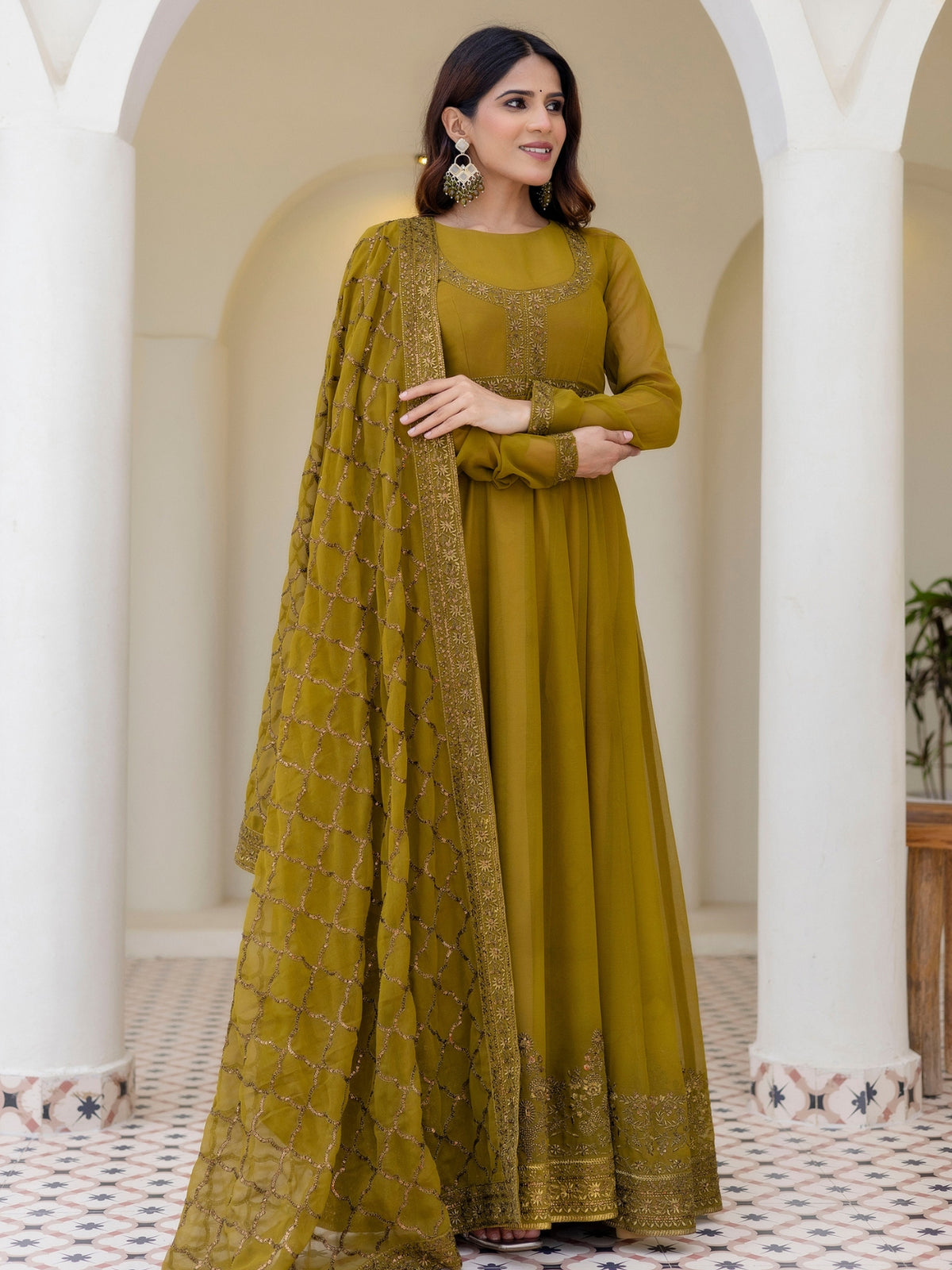 Olive Green Embroidered Anarkali Suit Set with Net Dupatta