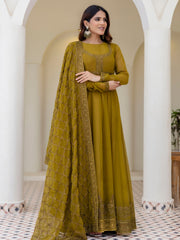 Olive Green Embroidered Anarkali Suit Set with Net Dupatta