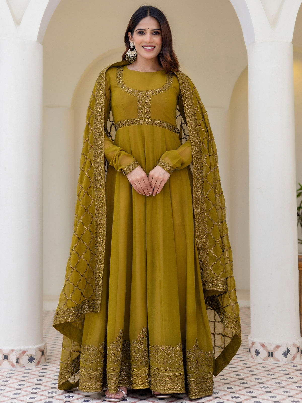 Olive Green Embroidered Anarkali Suit Set with Net Dupatta