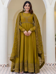 Olive Green Embroidered Anarkali Suit Set with Net Dupatta