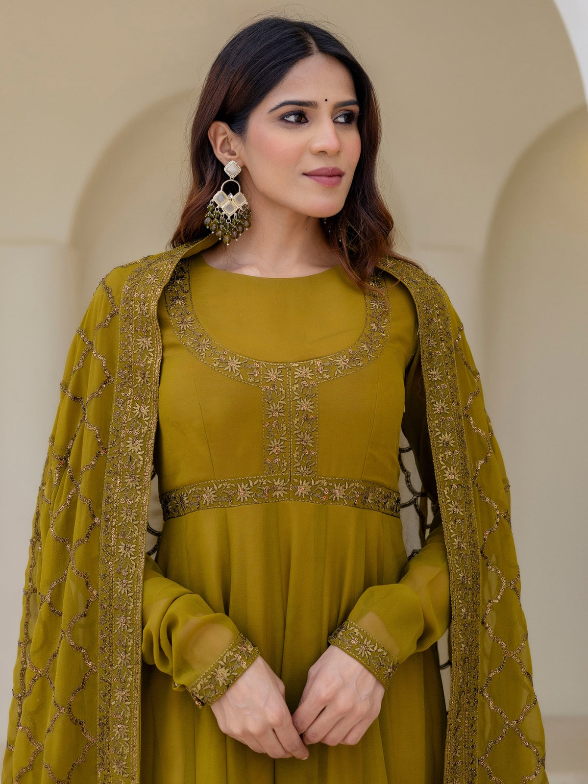 Olive Green Embroidered Anarkali Suit Set with Net Dupatta
