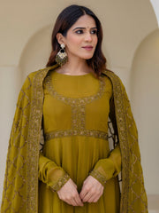 Olive Green Embroidered Anarkali Suit Set with Net Dupatta