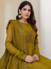 Olive Green Embroidered Anarkali Suit Set with Net Dupatta