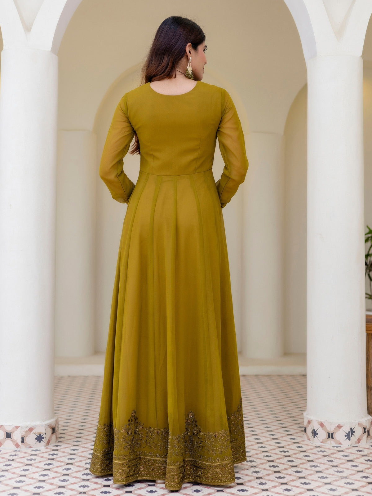 Olive Green Embroidered Anarkali Suit Set with Net Dupatta