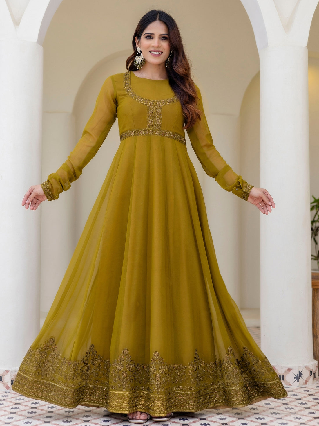 Olive Green Embroidered Anarkali Suit Set with Net Dupatta