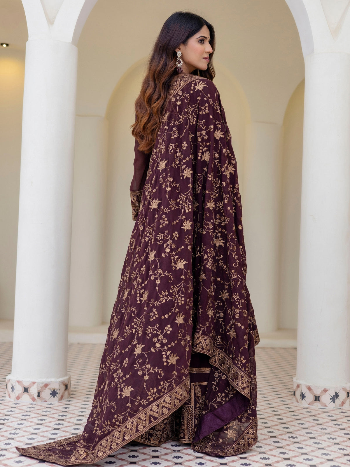 Brown Georgette Embroidered Anarkali with Dupatta