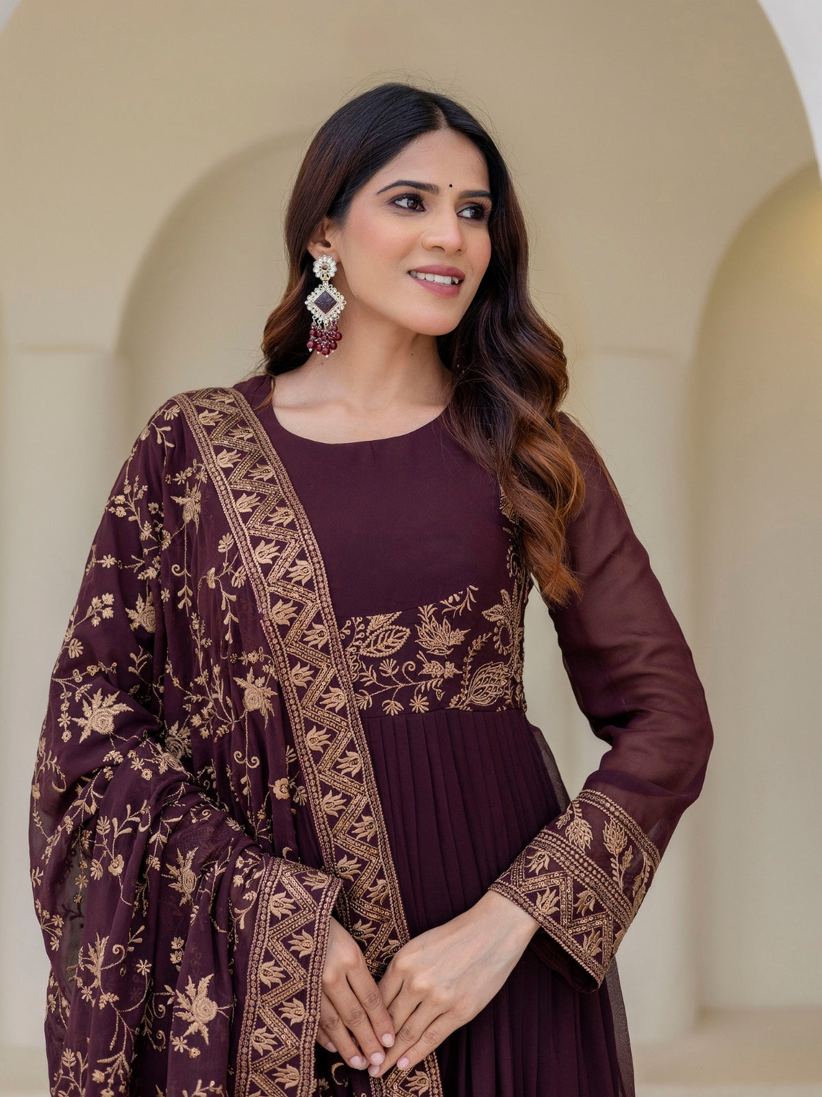 Brown Georgette Embroidered Anarkali with Dupatta