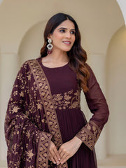 Brown Georgette Embroidered Anarkali with Dupatta