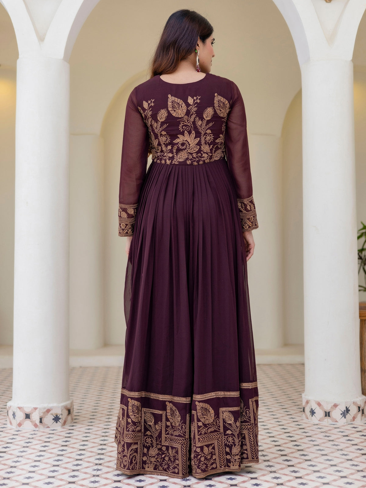 Brown Georgette Embroidered Anarkali with Dupatta