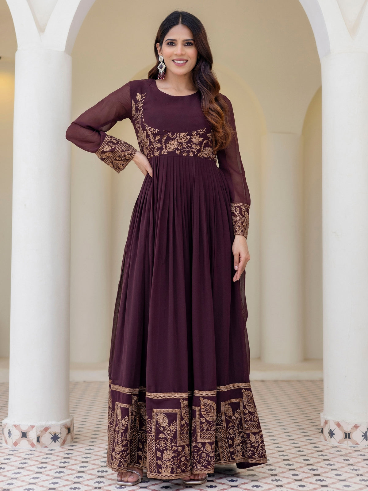 Brown Georgette Embroidered Anarkali with Dupatta