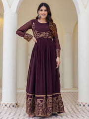 Brown Georgette Embroidered Anarkali with Dupatta