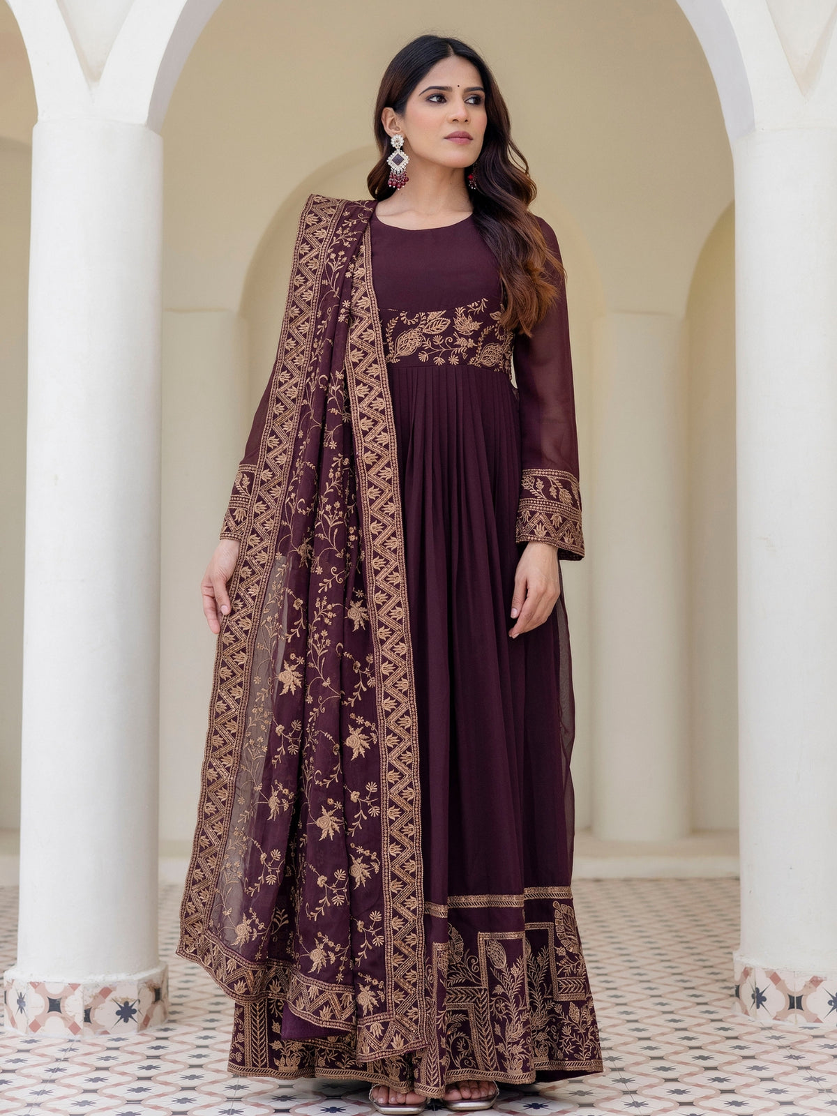 Brown Georgette Embroidered Anarkali with Dupatta