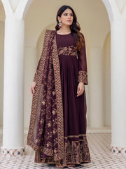 Brown Georgette Embroidered Anarkali with Dupatta