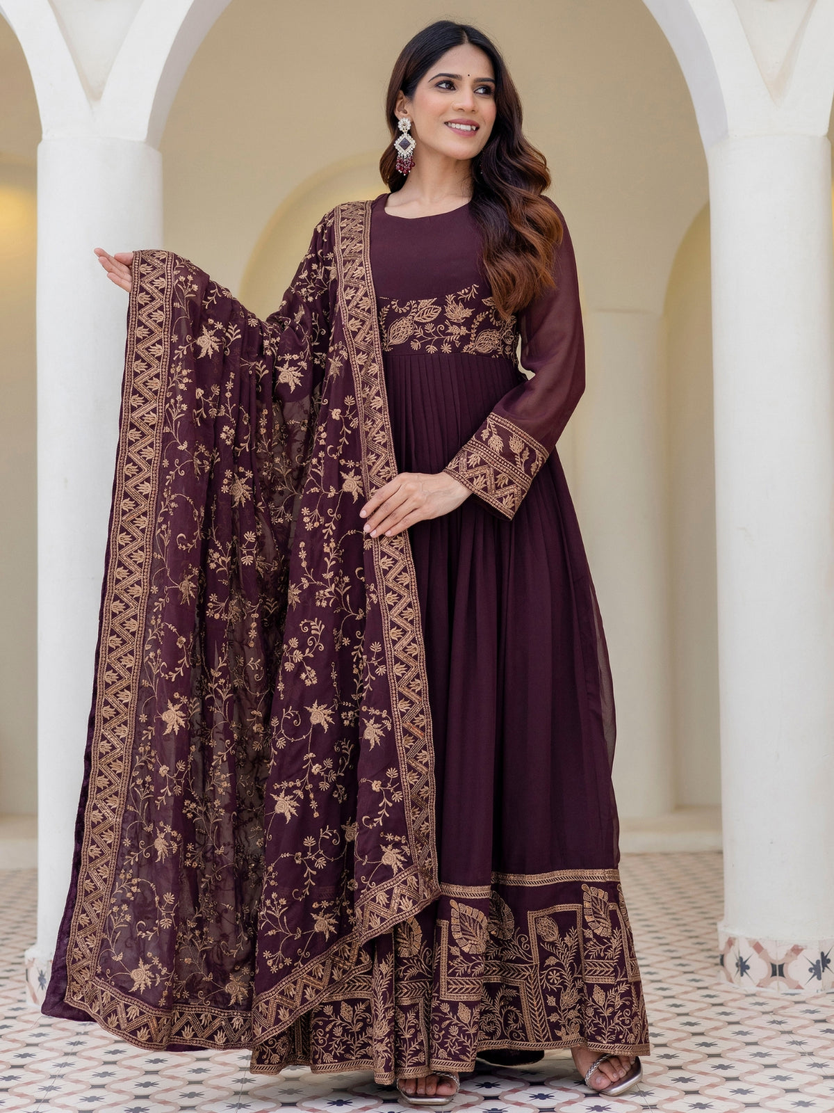 Brown Georgette Embroidered Anarkali with Dupatta