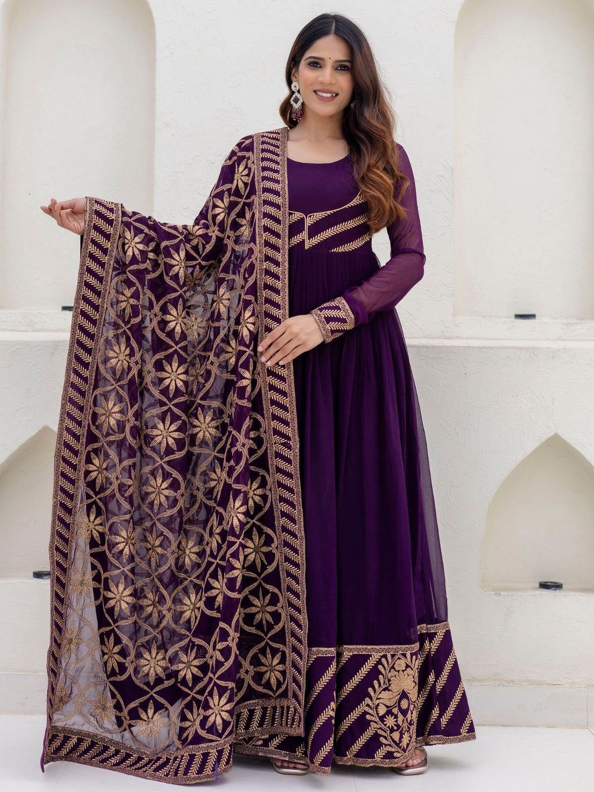 Wine Georgette Embroidered Anarkali with Dupatta