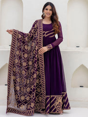 Wine Georgette Embroidered Anarkali with Dupatta
