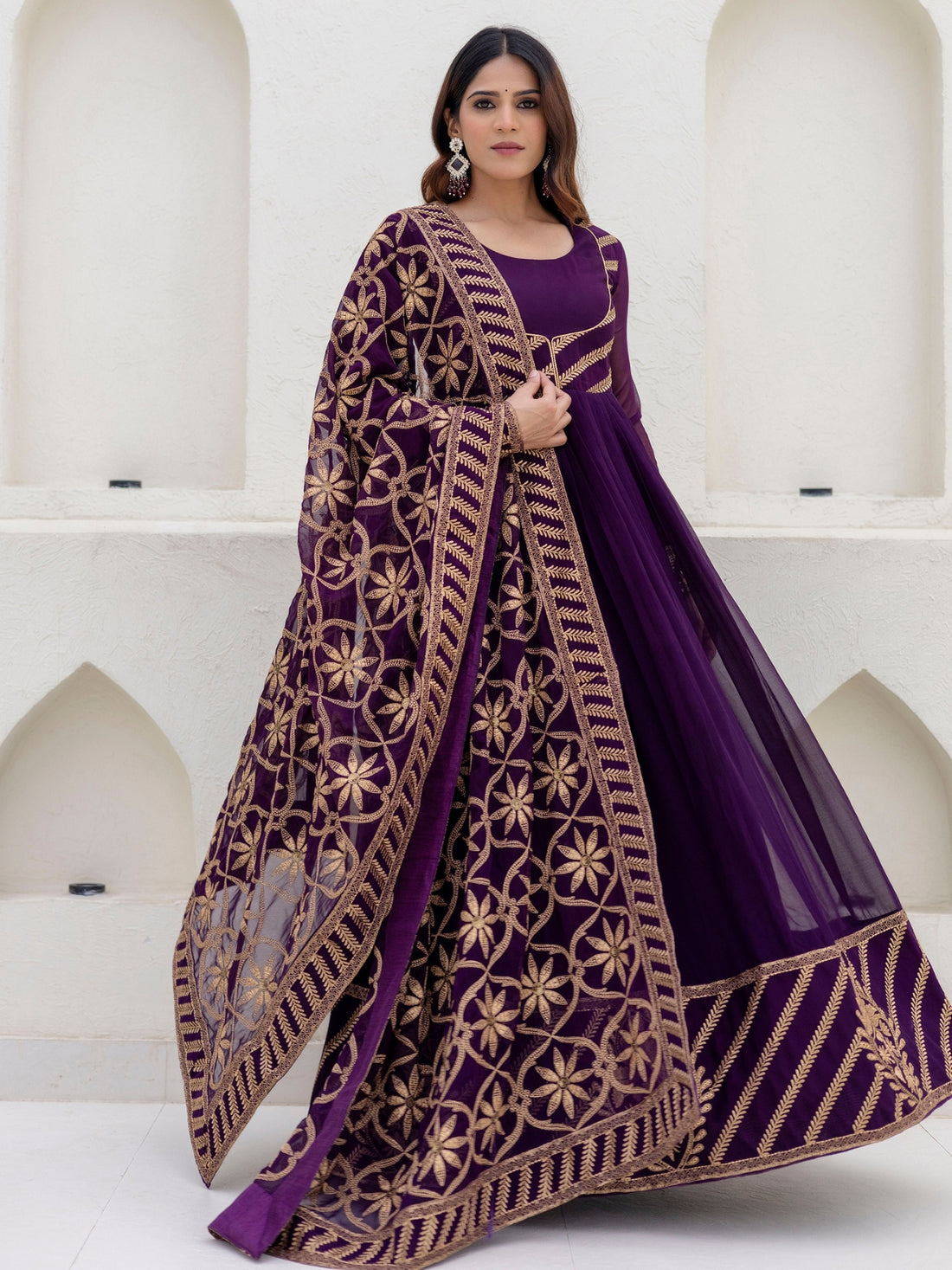 Wine Georgette Embroidered Anarkali with Dupatta