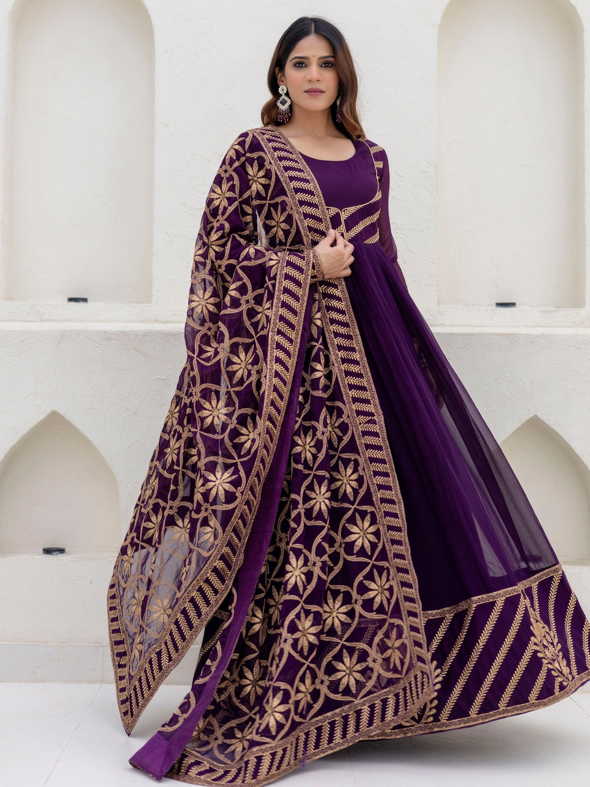 Wine Georgette Embroidered Anarkali with Dupatta