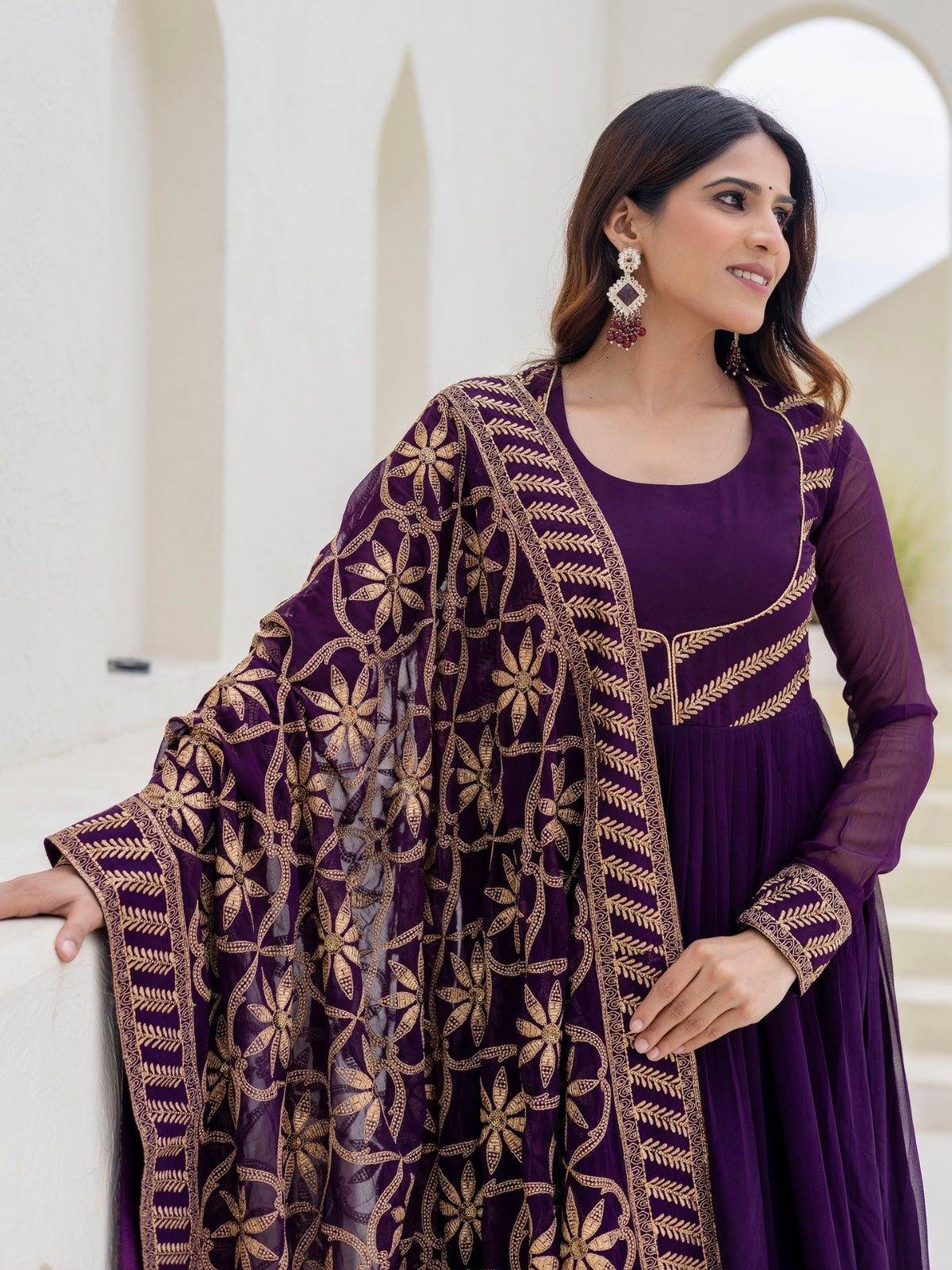 Wine Georgette Embroidered Anarkali with Dupatta