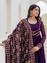 Wine Georgette Embroidered Anarkali with Dupatta