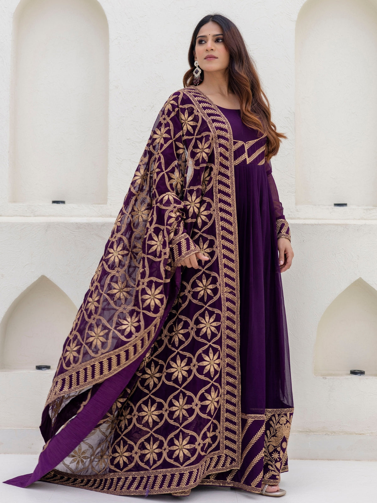 Wine Georgette Embroidered Anarkali with Dupatta