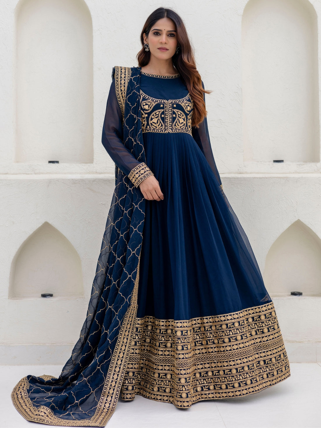 Navy Blue Georgette Embroidered Anarkali with Dupatta