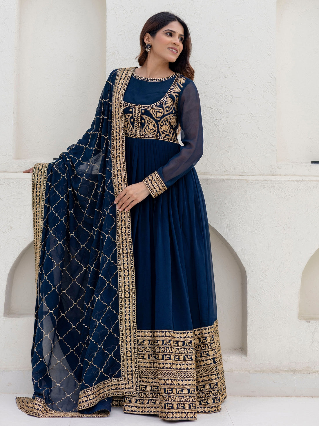 Navy Blue Georgette Embroidered Anarkali with Dupatta