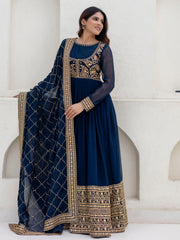Navy Blue Georgette Embroidered Anarkali with Dupatta