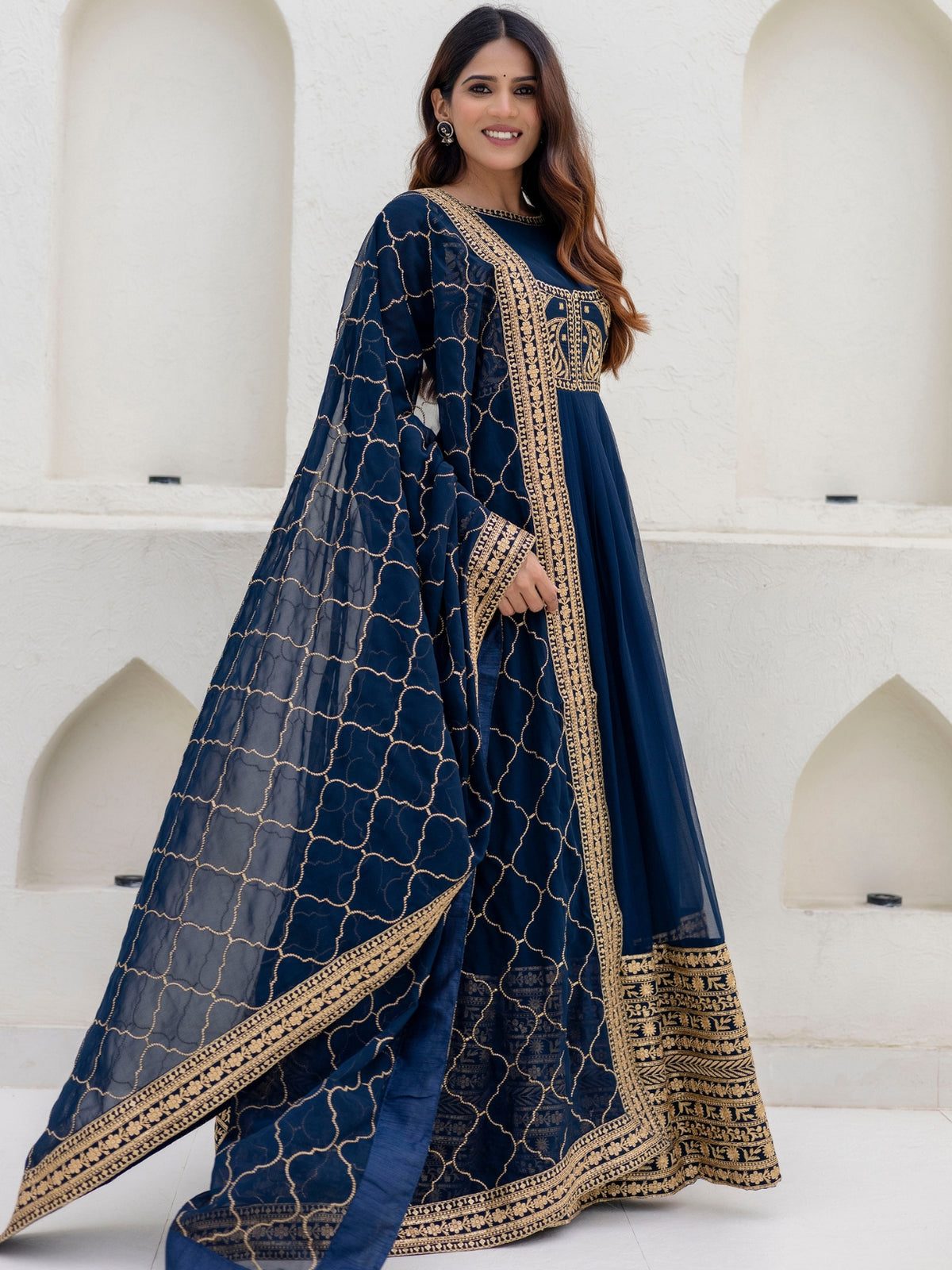 Navy Blue Georgette Embroidered Anarkali with Dupatta
