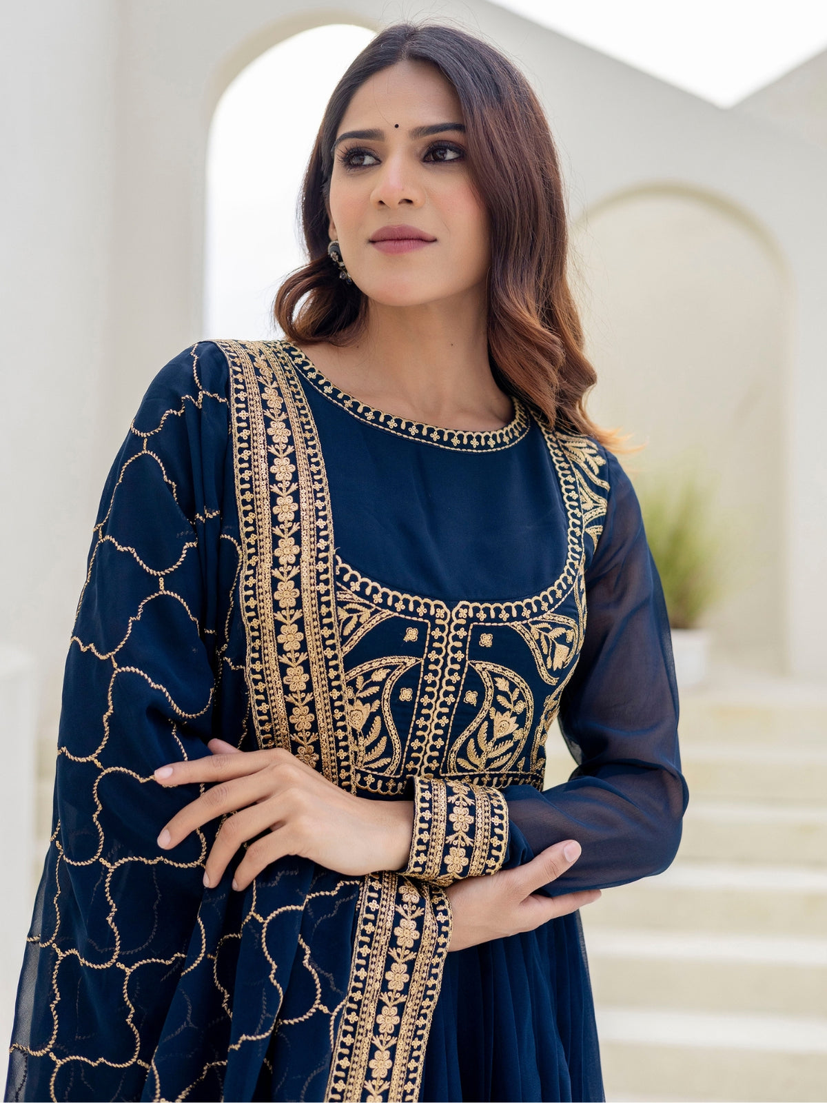 Navy Blue Georgette Embroidered Anarkali with Dupatta