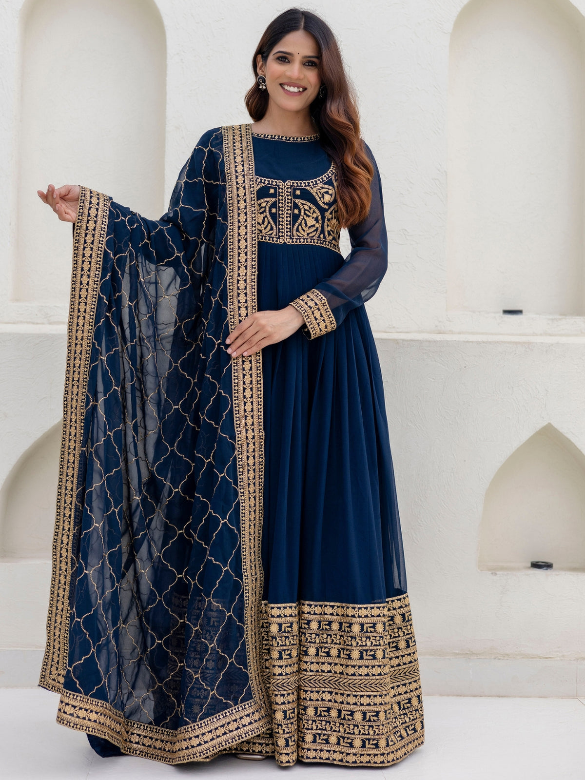 Navy Blue Georgette Embroidered Anarkali with Dupatta
