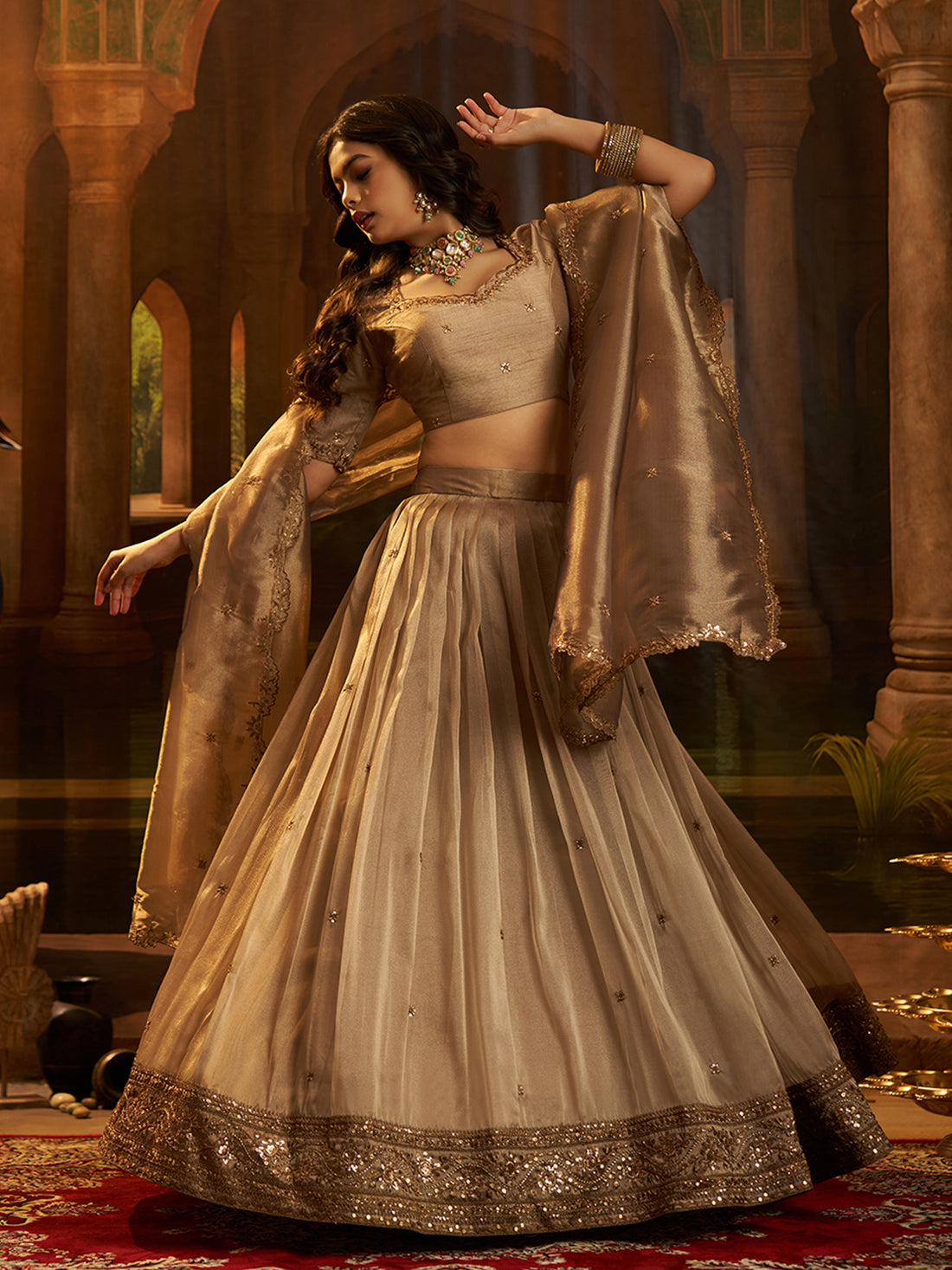 Brown Gold Embroidered Lehenga Choli with Dupatta