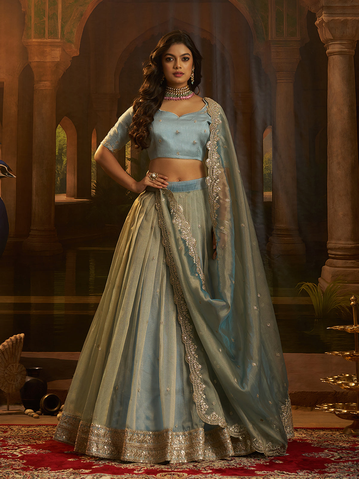 Dusty Embroidered Lehenga Choli with Dupatta