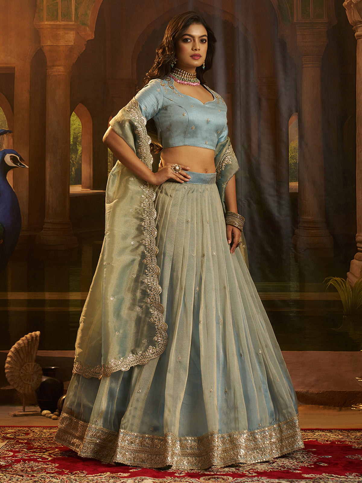 Dusty Embroidered Lehenga Choli with Dupatta