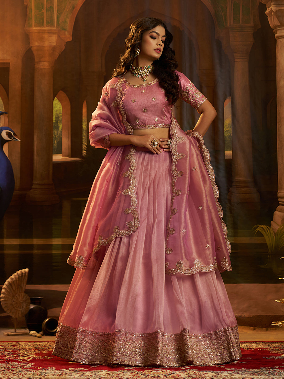 Pink Organza Zari Dori Sequin Lehenga Choli with Dupatta