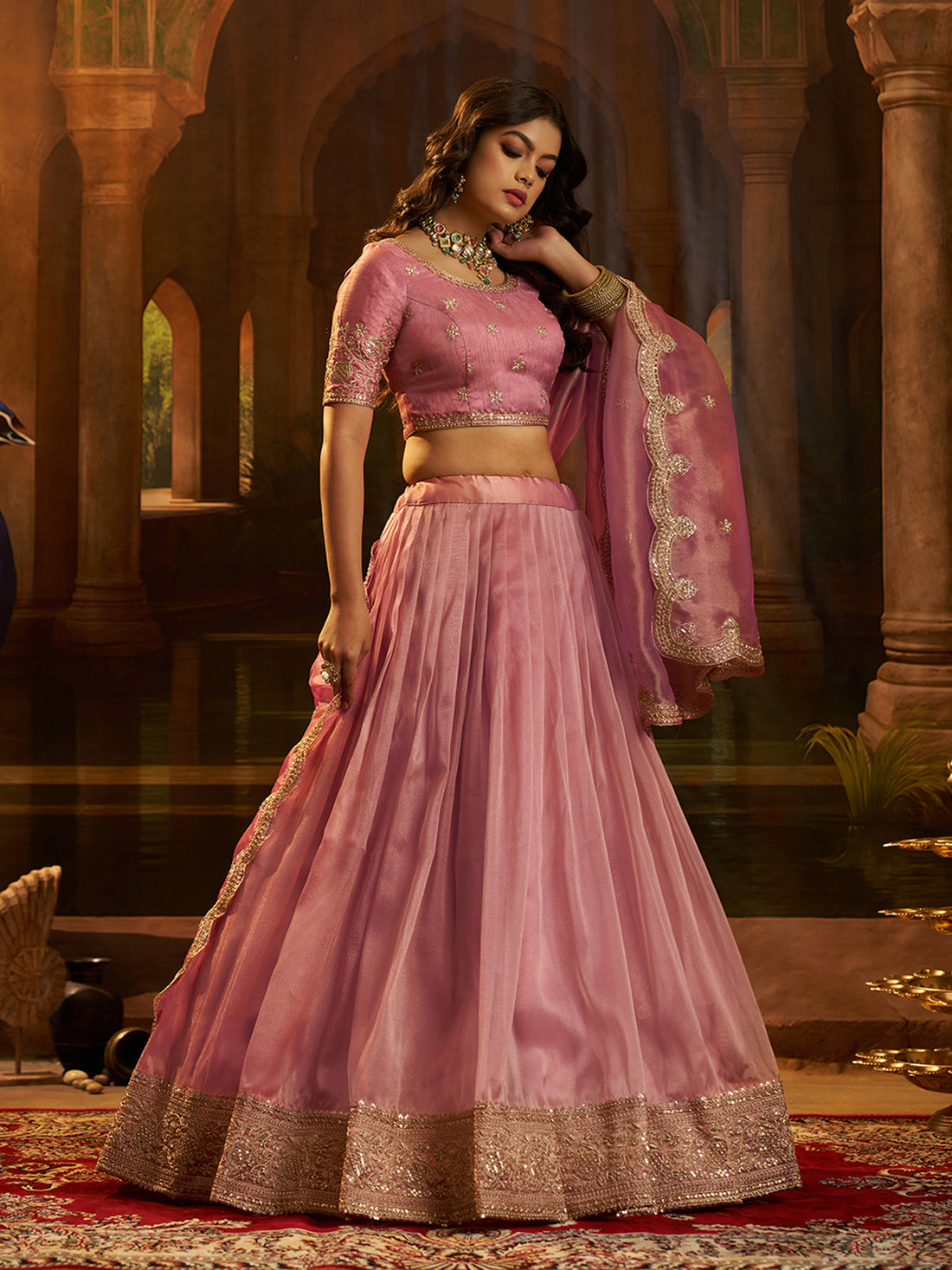Pink Organza Zari Dori Sequin Lehenga Choli with Dupatta