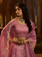 Pink Organza Zari Dori Sequin Lehenga Choli with Dupatta