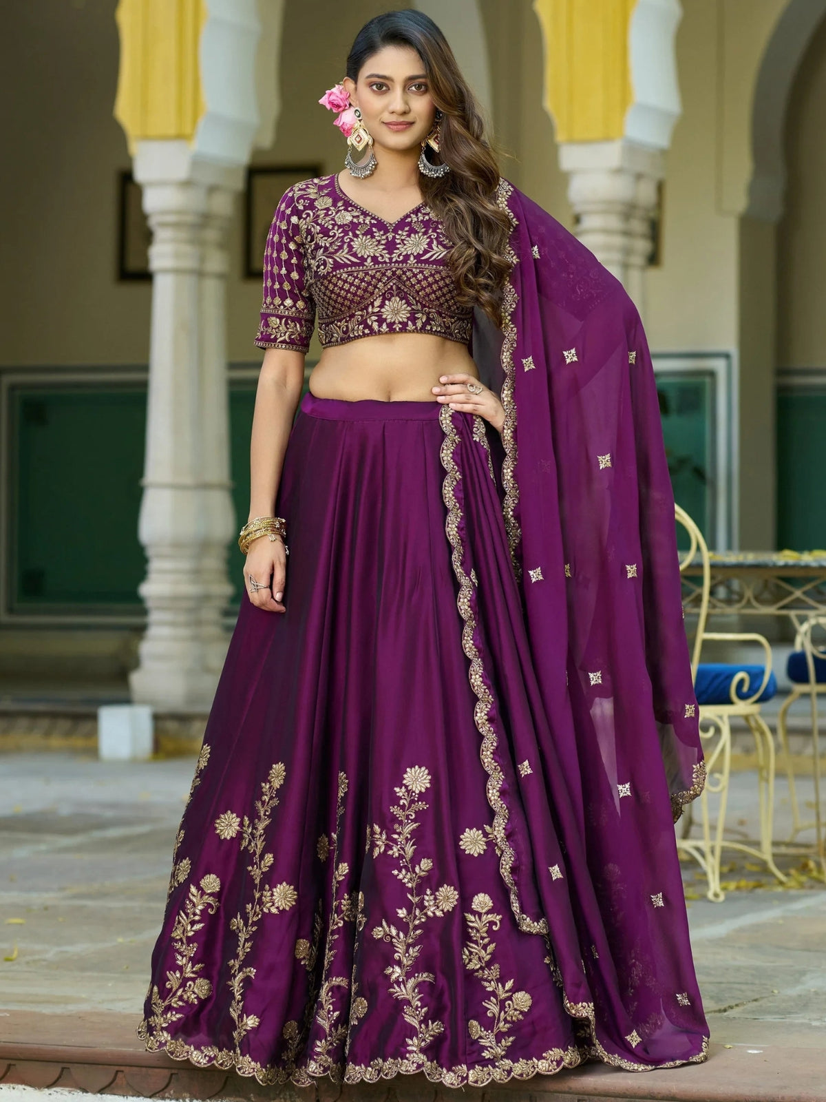 Royal Purple Gold Embroidered Lehenga Choli with Dupatta