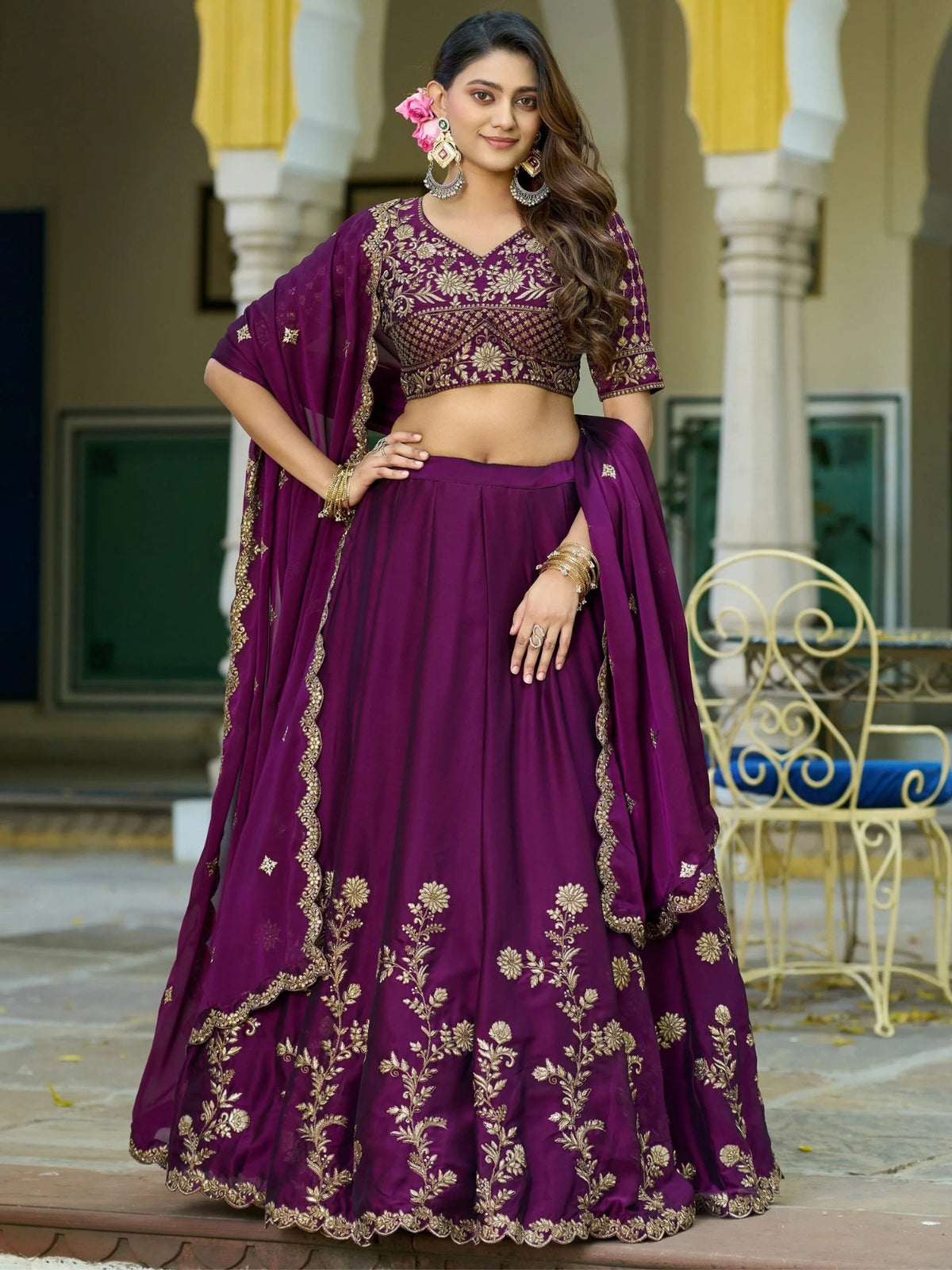 Royal Purple Gold Embroidered Lehenga Choli with Dupatta