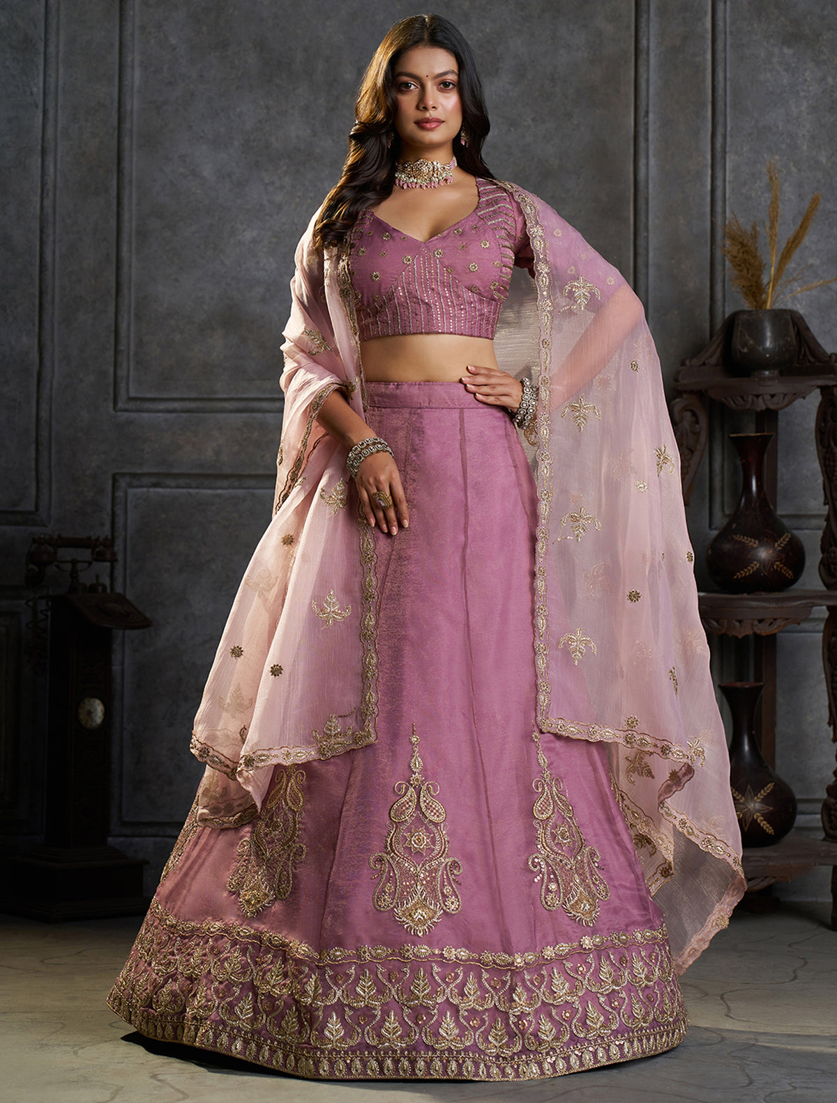 Mauve Pink Bridal Lehenga Choli with Gold Embroidery and Dupatta