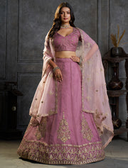 Mauve Pink Bridal Lehenga Choli with Gold Embroidery and Dupatta