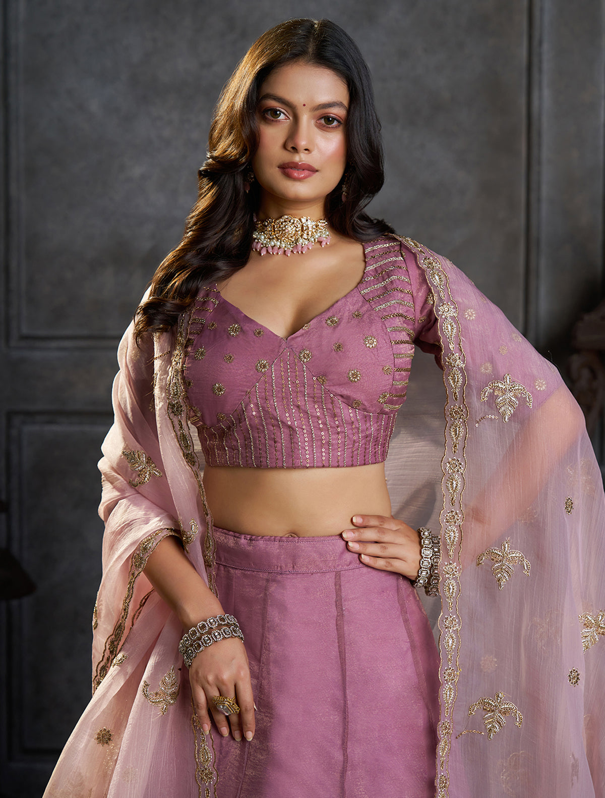 Mauve Pink Bridal Lehenga Choli with Gold Embroidery and Dupatta