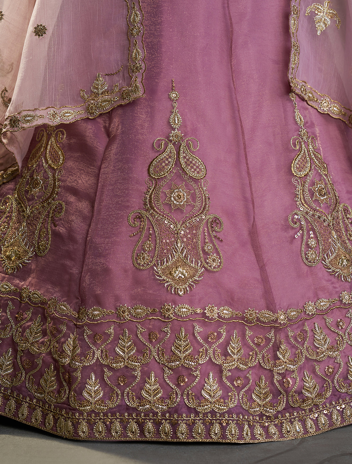 Mauve Pink Bridal Lehenga Choli with Gold Embroidery and Dupatta