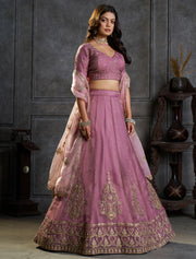 Mauve Pink Bridal Lehenga Choli with Gold Embroidery and Dupatta