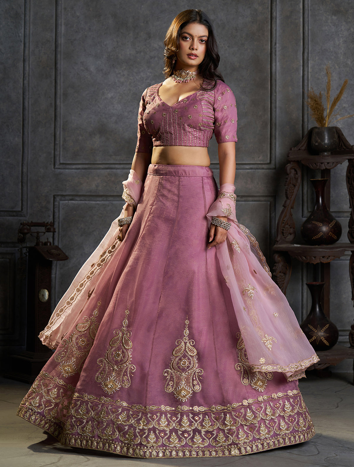 Mauve Pink Bridal Lehenga Choli with Gold Embroidery and Dupatta