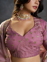 Mauve Pink Bridal Lehenga Choli with Gold Embroidery and Dupatta