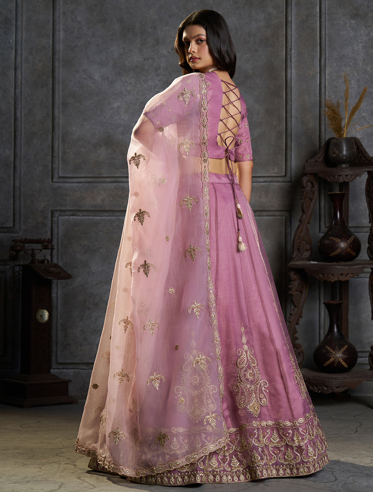 Mauve Pink Bridal Lehenga Choli with Gold Embroidery and Dupatta