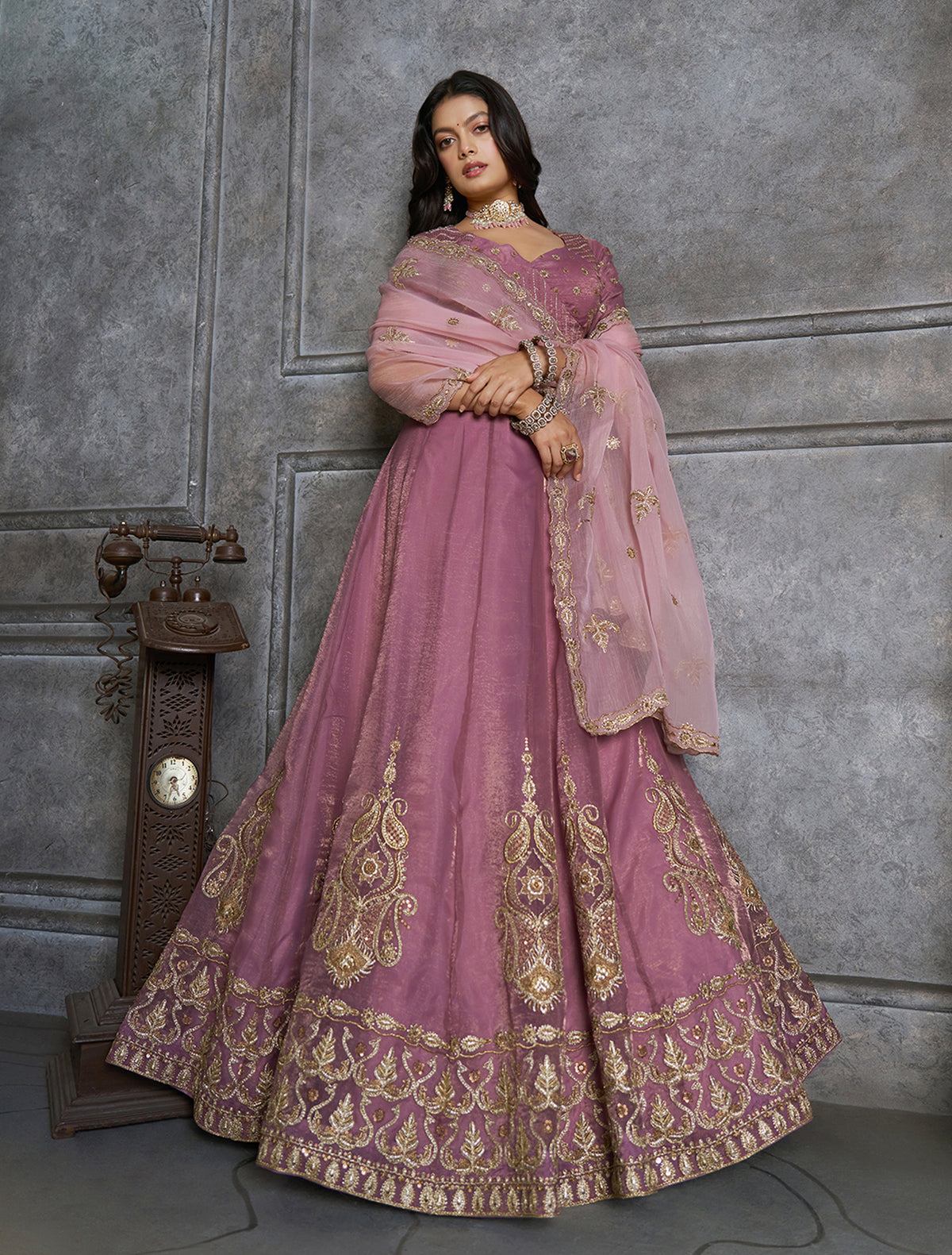 Mauve Pink Bridal Lehenga Choli with Gold Embroidery and Dupatta